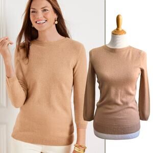 Talbots Tan 100% Cashmere 3/4 Sleeve Crewneck Audrey Sweater XS